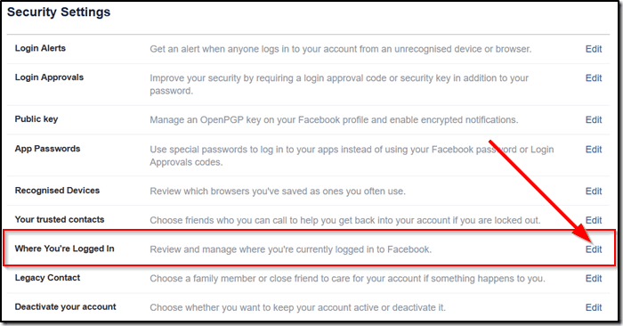 Функции Facebook, где вы вошли в систему