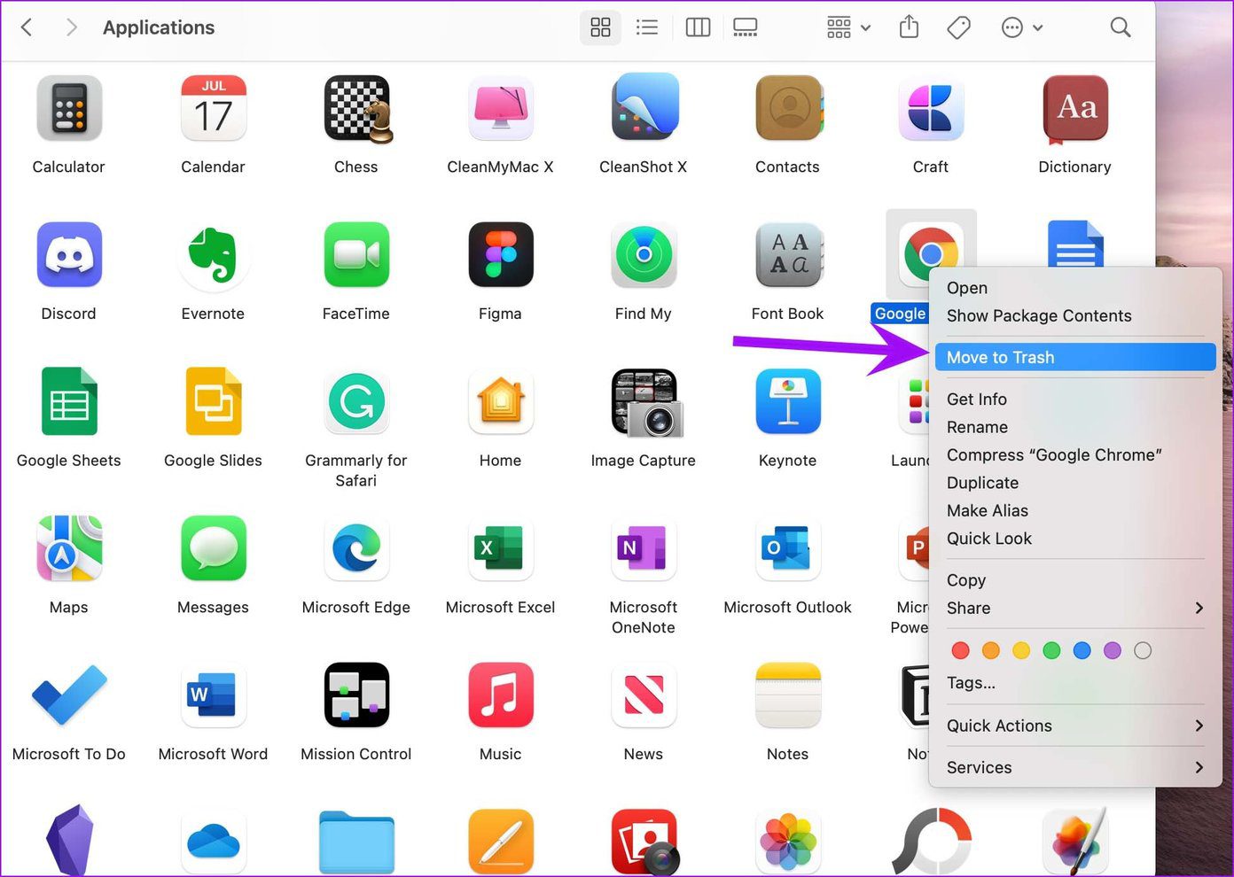 Переместить Google Chrome в корзину Исправить Chrome, не работающий на Mac