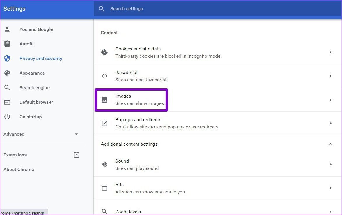 Настройки изображений в Chrome