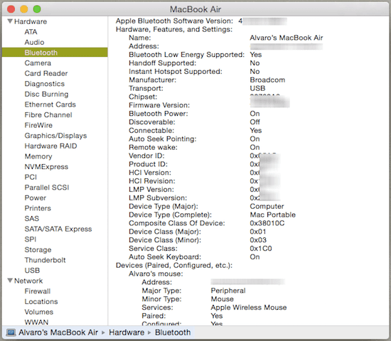 Окно Mac Bluetooth Details