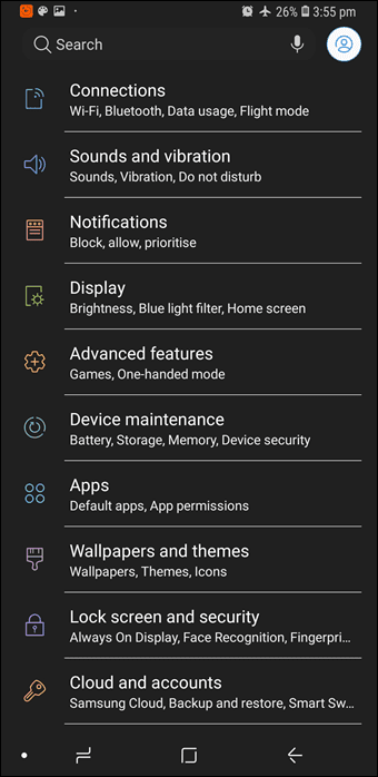 Общесистемная темная тема на Galaxy S9 1