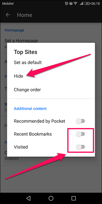 Удалить лучшие сайты и основные моменты Firefox 9