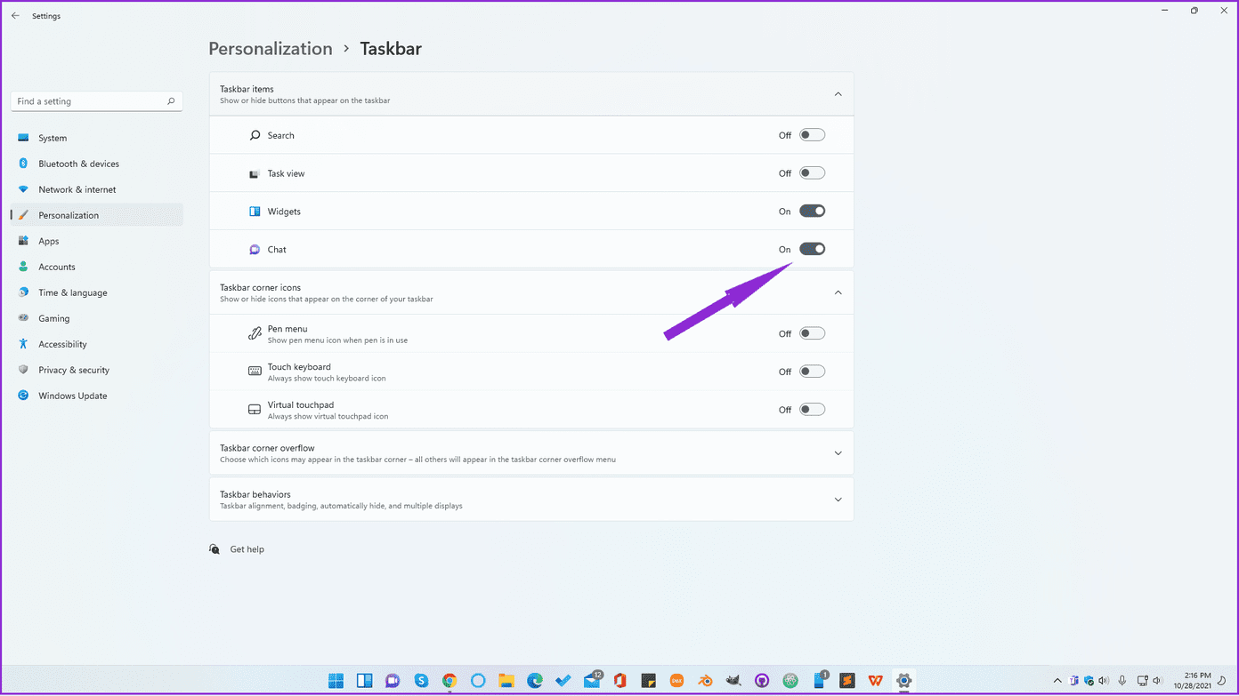 Отключите переключатель чата, чтобы удалить ярлык Microsoft Teams с панели задач.