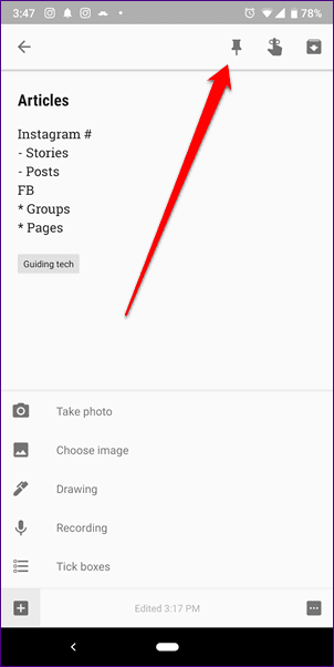Чтобы закрепить заметку в мобильных приложениях Google Keep, откройте заметку и коснитесь значка булавки вверху.