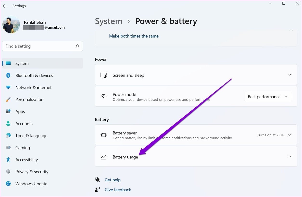 Использование батареи в Windows 11