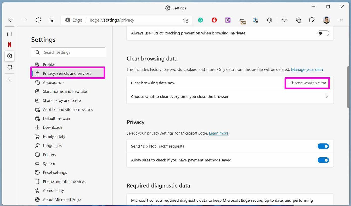 Очистить данные в Microsoft Edge