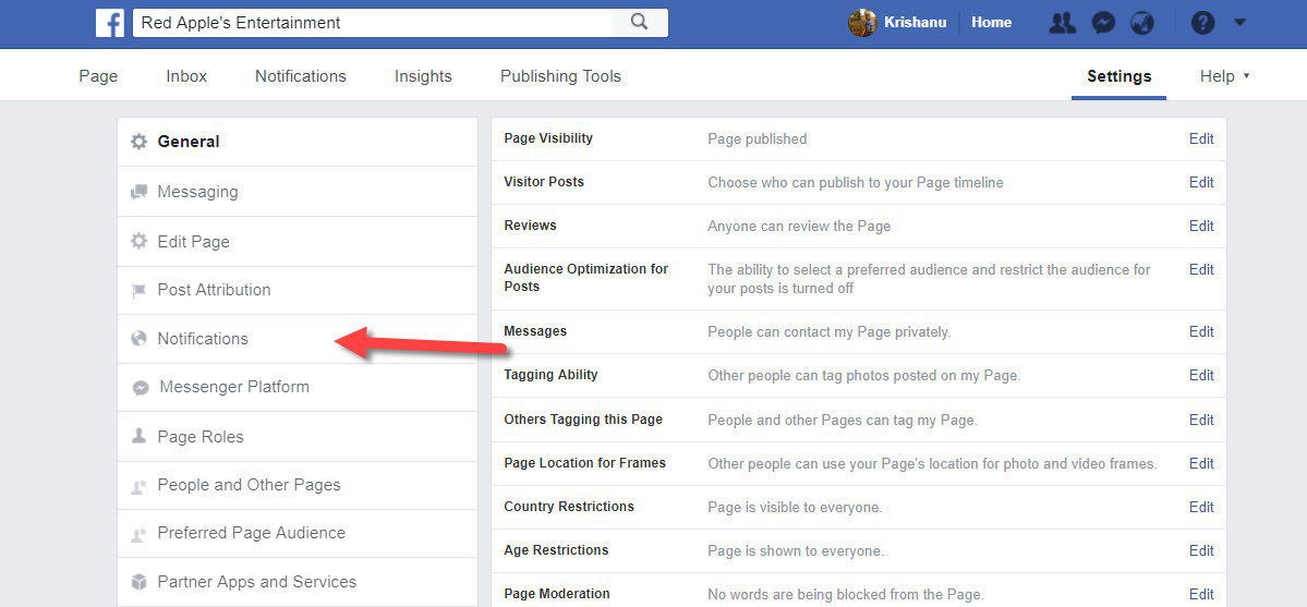 Уведомления на странице Facebook 2