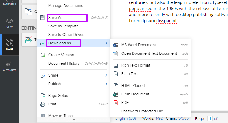 Zoho Docs Writer против Google Docs 8
