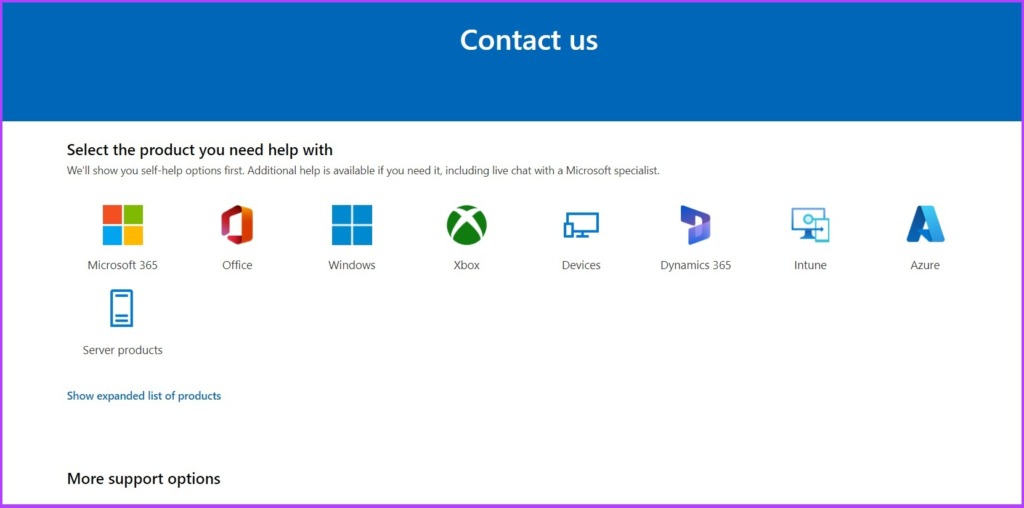 Страница контактов Microsoft
