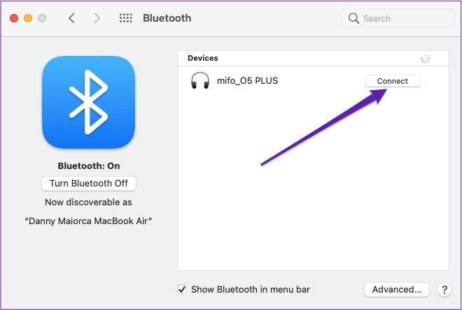 Подключите кнопку Bluetooth на устройстве Mac