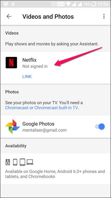 Опция Google Assistant для Netflix