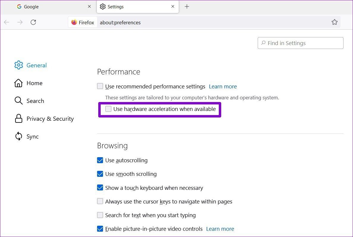 Отключить аппаратное ускорение в Firefox