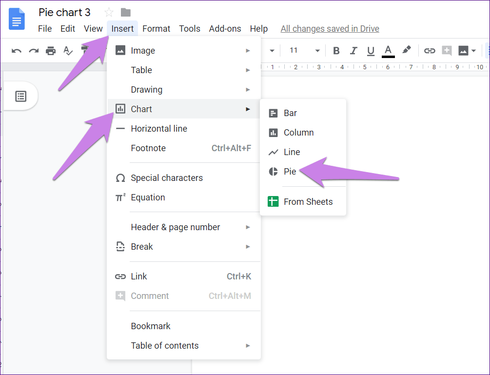 Добавить круговую диаграмму Google Docs 1